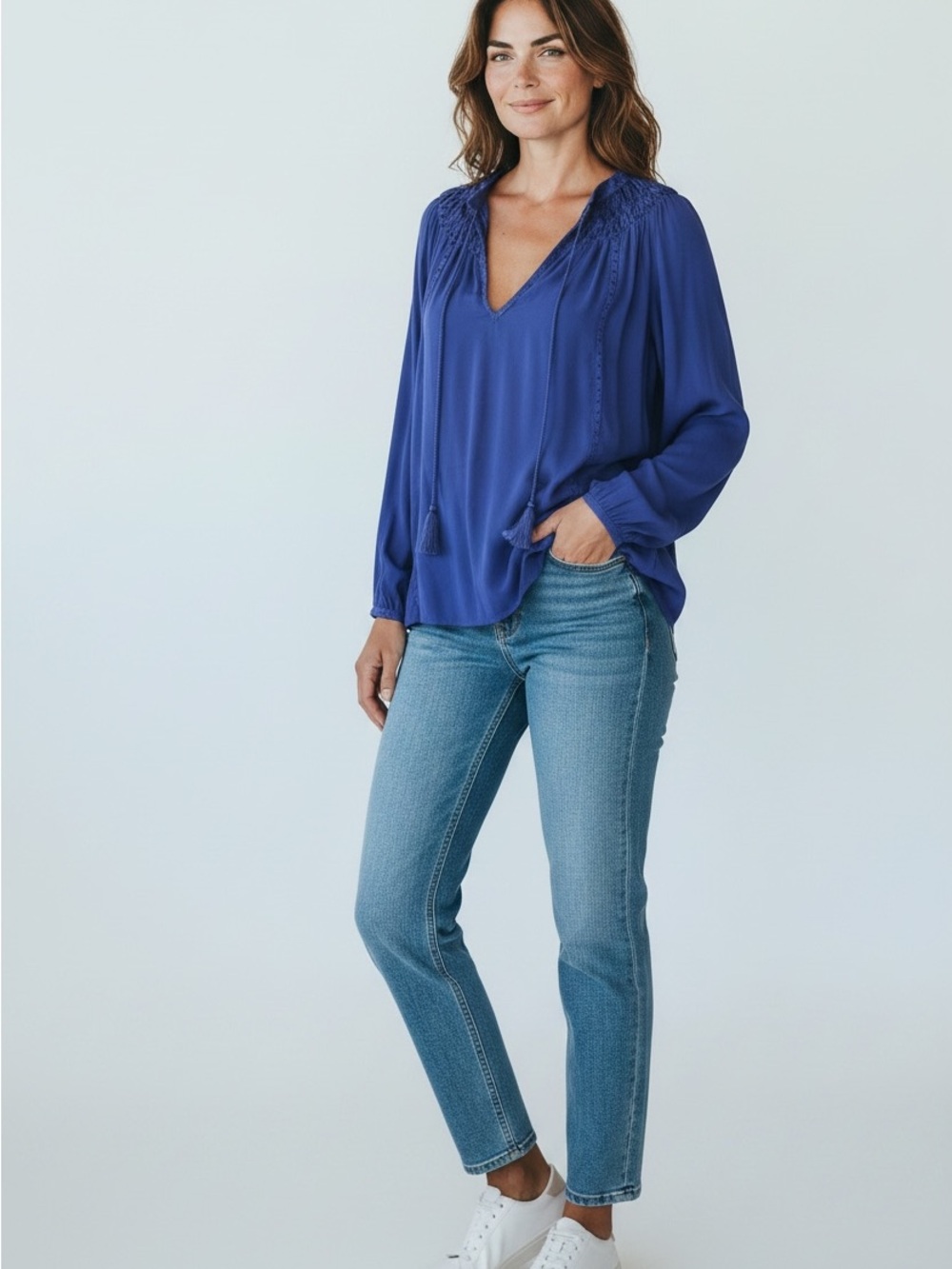 18 Lucky Brand Blue Boho Embroidered Long Sleeve Blouse